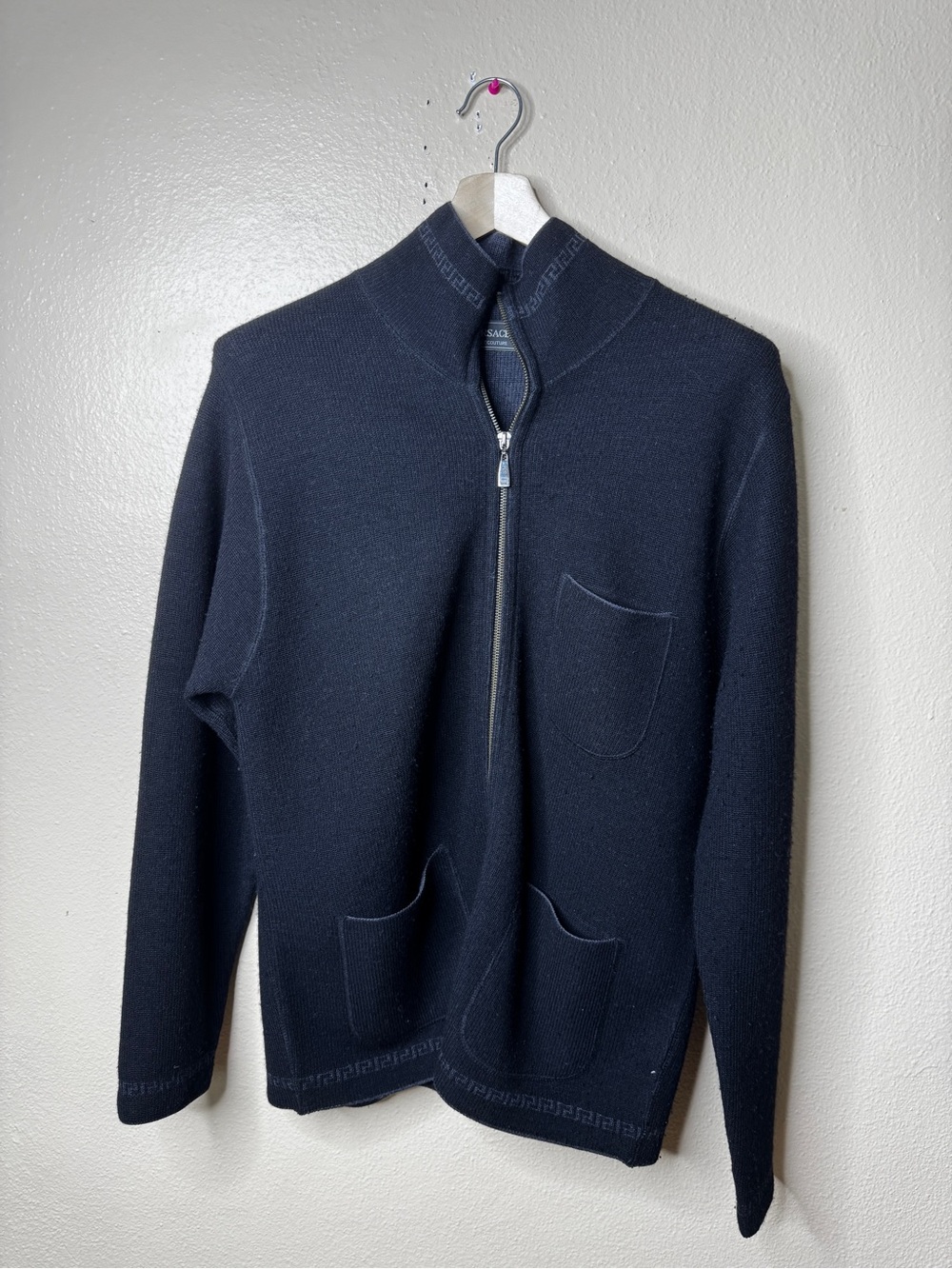 Versace Jacket Couture Men’s Large Black Gray Knit Full Zip Sweater Pockets